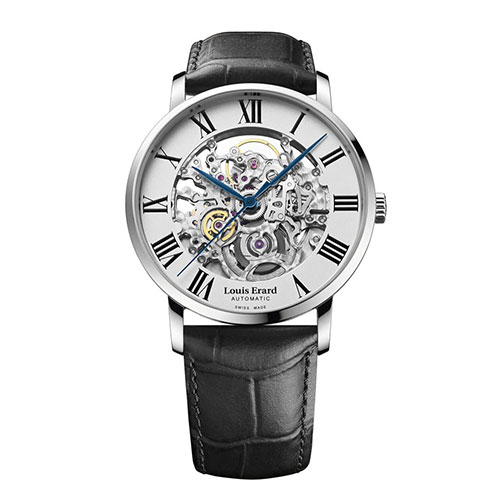 Louis Erard | Montre squelette de la gamme Excellence, cadran open-heart silver chapter ring, cuir façon alligator noir.  Mouvement automatique squelette décoré SW300-1 (Réf. : 81233AA22.BDC02).