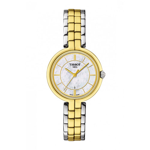 Tissot | Montre dame Flamingo en acier blanc et pvd or jaune. Cadran en nacre. Mouvement à quartz de qualité suisse (Réf. : T094.210.22.111.01).